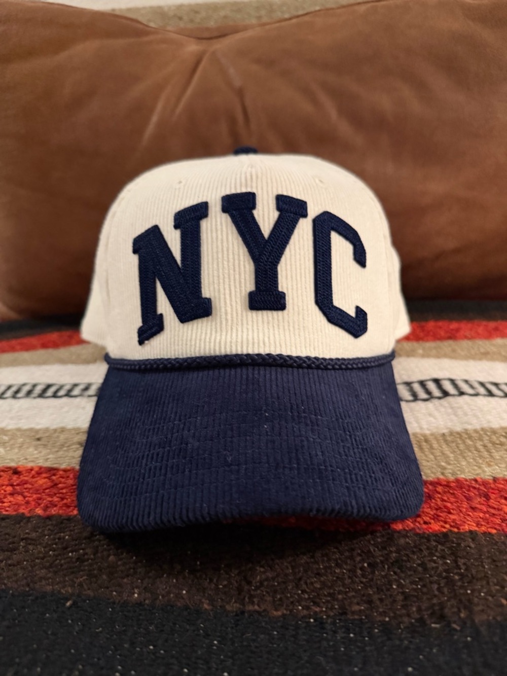 RVCA NYC Corduroy Baseball Cap in White and Navy